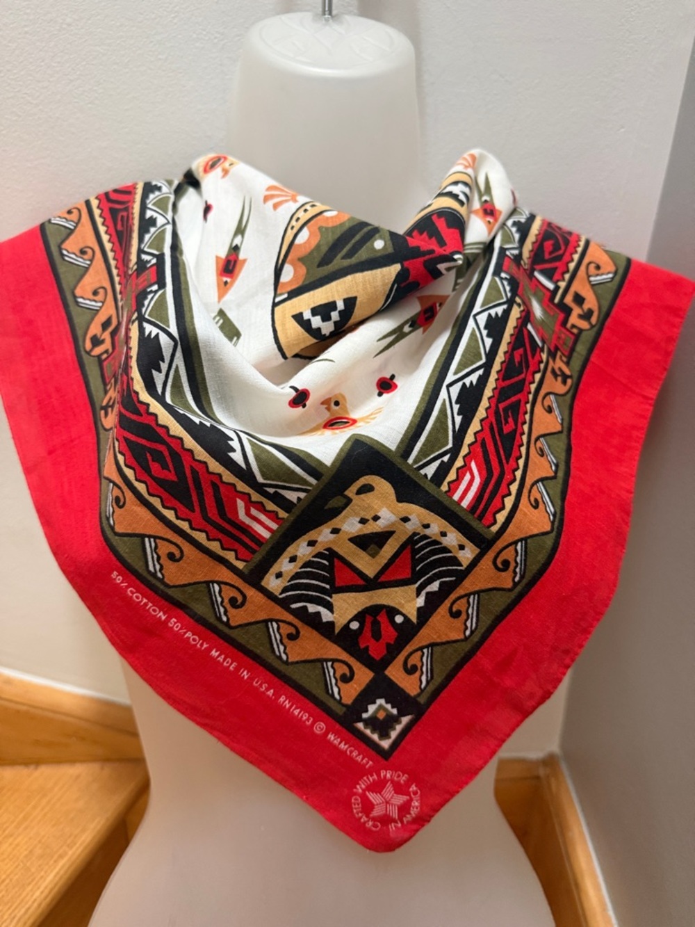 Aztec WAMCRAFT  Red & Olive Printed Cotton-Poly Bandana Scarf. Made in USA. VTG